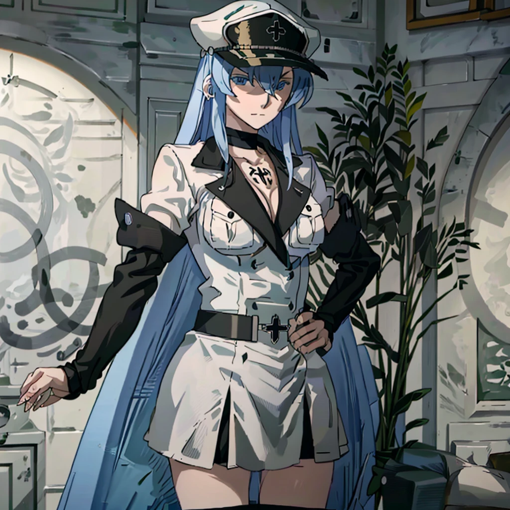 Esdeath in SS uniform, all black clothing head to toe, WWII GERMAN SS OFFICERS PEAKED VISOR CAP, turn all white clothing black, chest tattoo must be a swastika