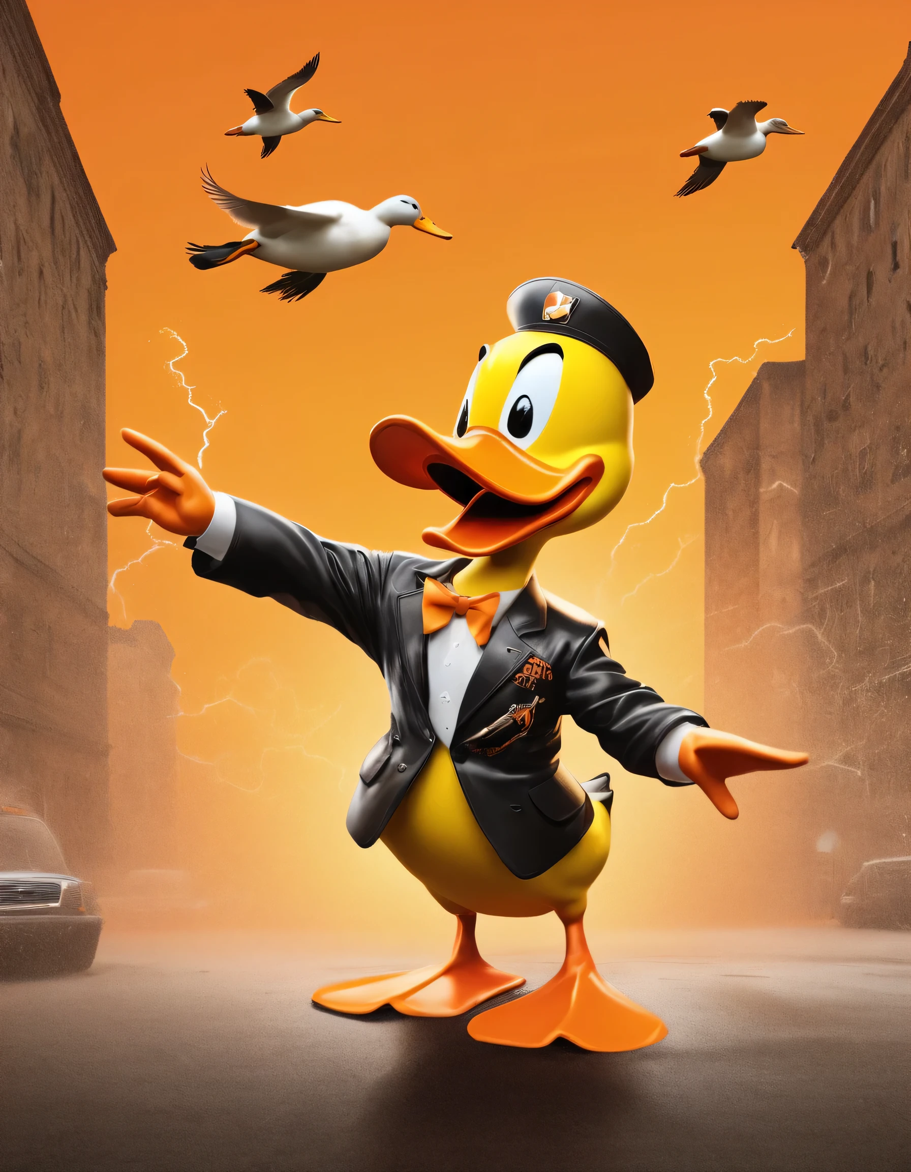 Comedy epic, (Duck:1.1), This is harsh, Simple Orange and DayGlo Background, thunderstorm, soft focus, Super detailed, despair, heidelberg school, Direct light, Kodak Acta, Behavior, conceptartworld, Unreal Engine, (Banksy style graffiti art:0.8), (Keith Haring:0.8), Tim Okamura . illustrate, comic art, graphic novel art, energetic, Very detailed
