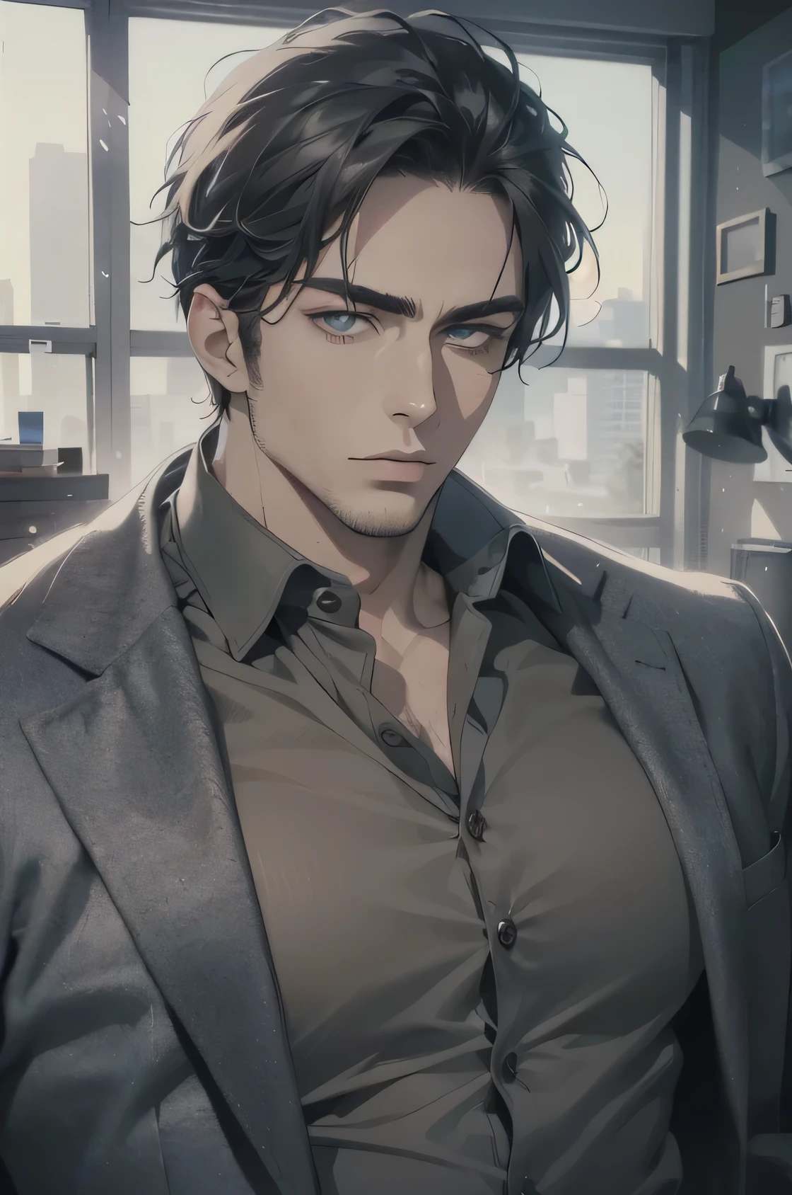 (Best Quality,4k,8k,High resolution,masterpiece:1.2),ultra detailed,(realist,photorealist,photo-realist:1.37),1 man,31 years,mature man,very handsome,without expresion,short gray black hair,blue eyes,glare,perfect face without mistakes,imposing posture,businessman,office background,cinematic lighting,imagen HDR