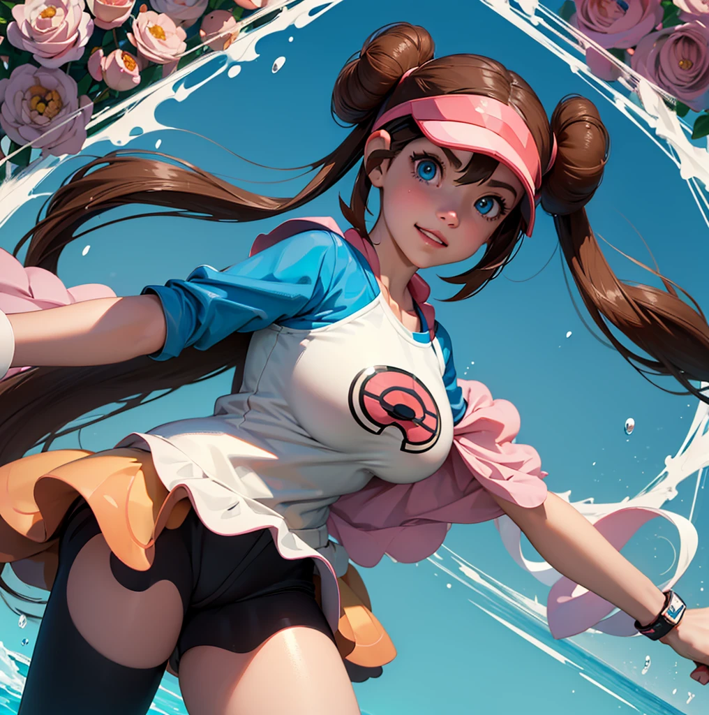 (((Rosa (pokemon),))) aqua blue eyes, dark brown hair, long pigtails with side strands, double bun, hair between eyes, big tits nude , 15 years old, collarbone, black pantyhose, 1 girl, alone, very aesthetic , best quality, amazing quality, nude huge tits Bust, smile