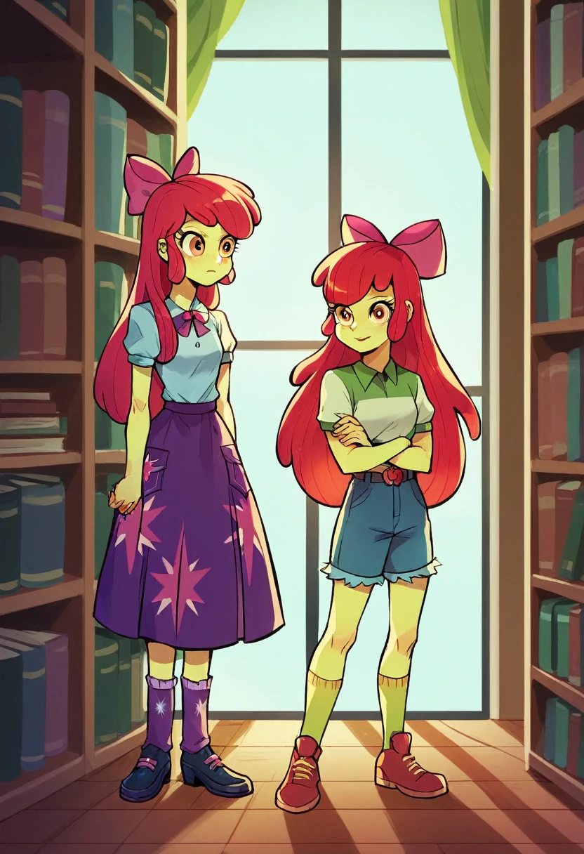 Apple Bloom, one girl, one girl only, wearing Twilight Sparkle's outfit, full body, Standing, Apple Bloom Equestria girls, in the Library, Apple Bloom, cuerpo completo, High resolusion. 