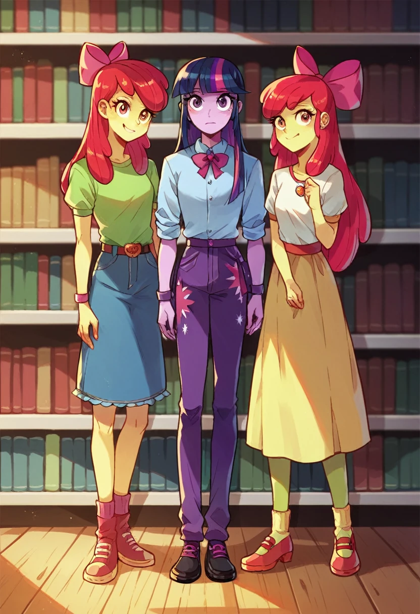 Apple Bloom, one girl, one girl only, wearing Twilight Sparkle's outfit, full body, Standing, Apple Bloom Equestria girls, in the Library, Apple Bloom, cuerpo completo, High resolusion.