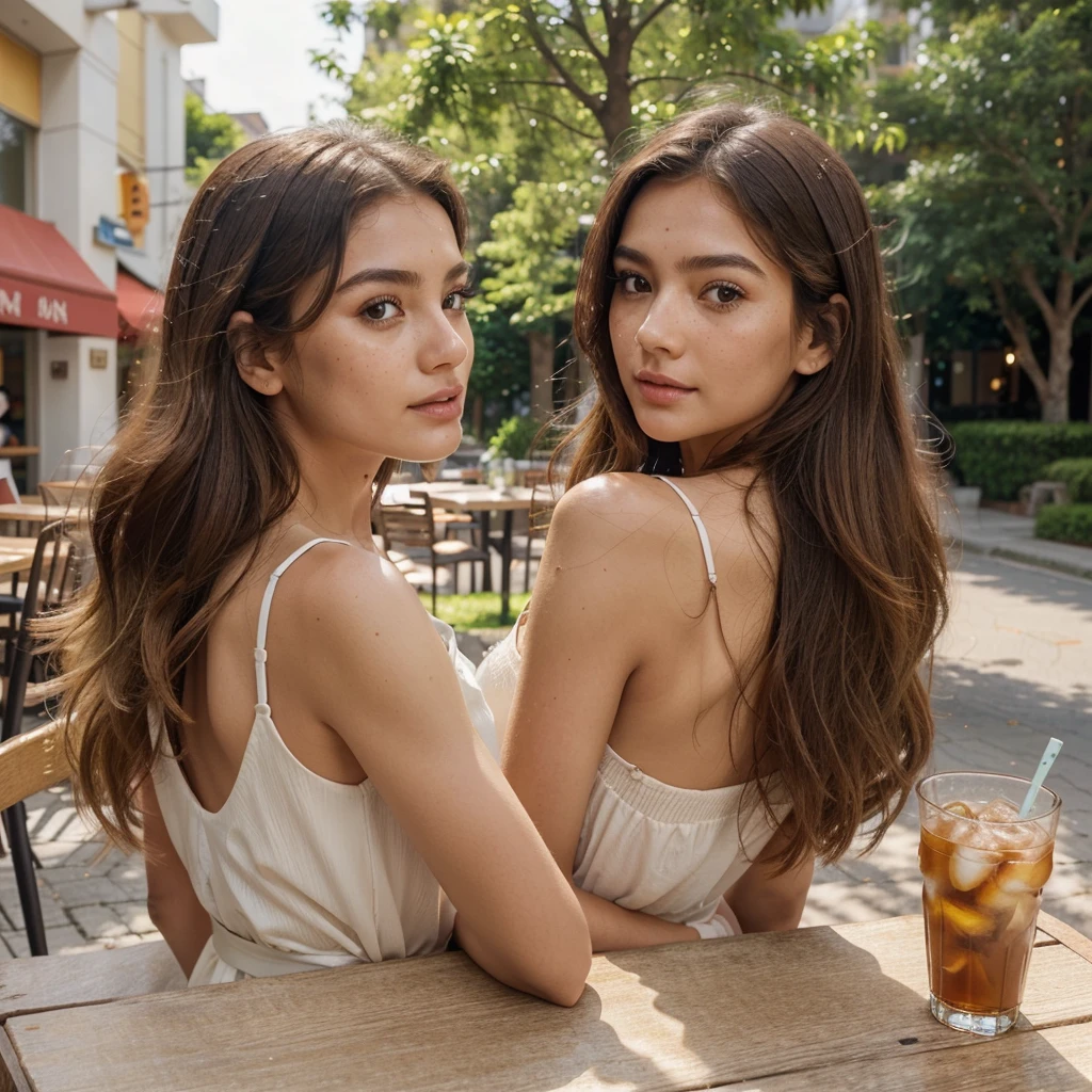 Create a very realistic and beautiful model with the following detailed features: Gender: Female, Age: Young adult (approximately 20-25 years old), Hair: Long, wavy and reddish with a natural shine, gently cascading around the shoulders and back back. . . . . . . . . . . , Eyes: Bright green with a captivating, slightly almond-shaped look, detailed with natural highlights, Skin: Fair complexion with a light texture, including natural freckles on the nose and cheeks, giving a youthful and vibrant appearance: Fair complexion with a light texture, including natural freckles on the nose and cheeks, giving a youthful and lively appearance, Face: with a smooth and natural contour, soft, full lips with a slight pinkish tint and a slightly delicate upturned nose, Expression : a gentle face, with a touch of mischief, which conveys warmth and approachability, Clothing: a flowing orange dress, bright orange color, Context: the model is on an elegant, flowery street, sitting at a table in an open-air restaurant , glass of iced tea on the table, , clear sunny day, view of trees in the background.
Pose: relaxed and confident posture, sitting at a table in an outdoor restaurant, glass of iced tea on the table, , clear sunny day, view of trees in the background.aesthetic, Unsplash, Neoclassicism, Background complex, Best quality, hyper detailed, Gratty Sita, 64K, Light design
