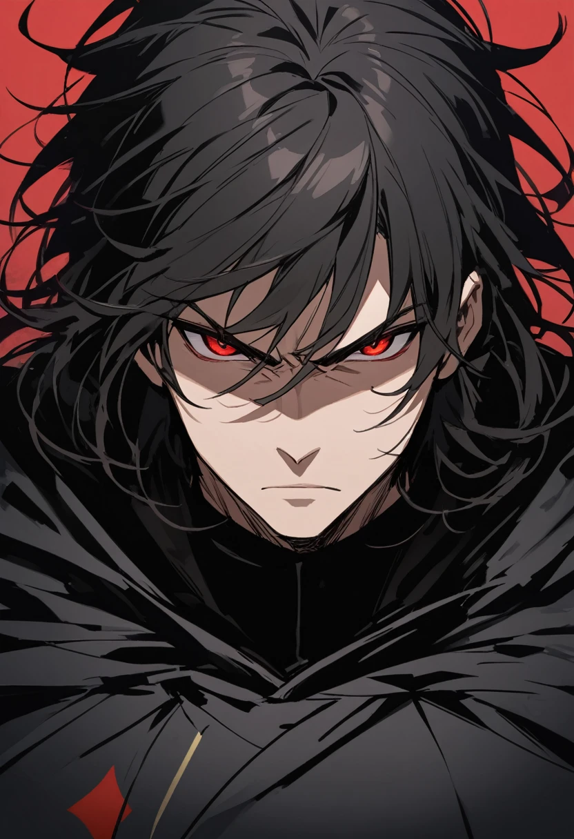 Solo-man, middle aged, tall man, masculine, muscular, broad shoulders, (long messy black hair:1.3), (red dragon eyes:1.1), poker face, serious, black cloak
