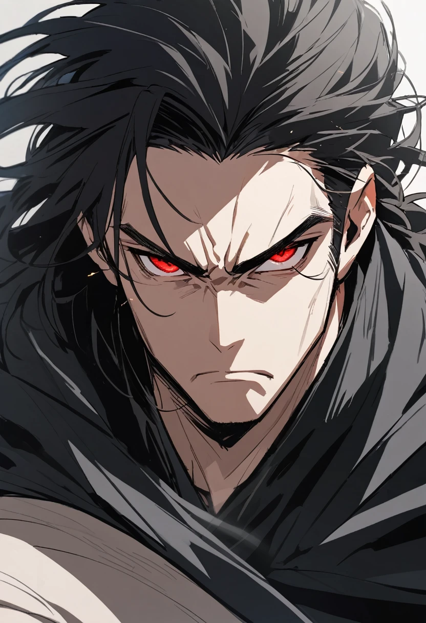 Solo-man, middle aged, tall man, masculine, muscular, broad shoulders, (long messy black hair:1.3), (red dragon eyes:1.1), poker face, serious, black cloak