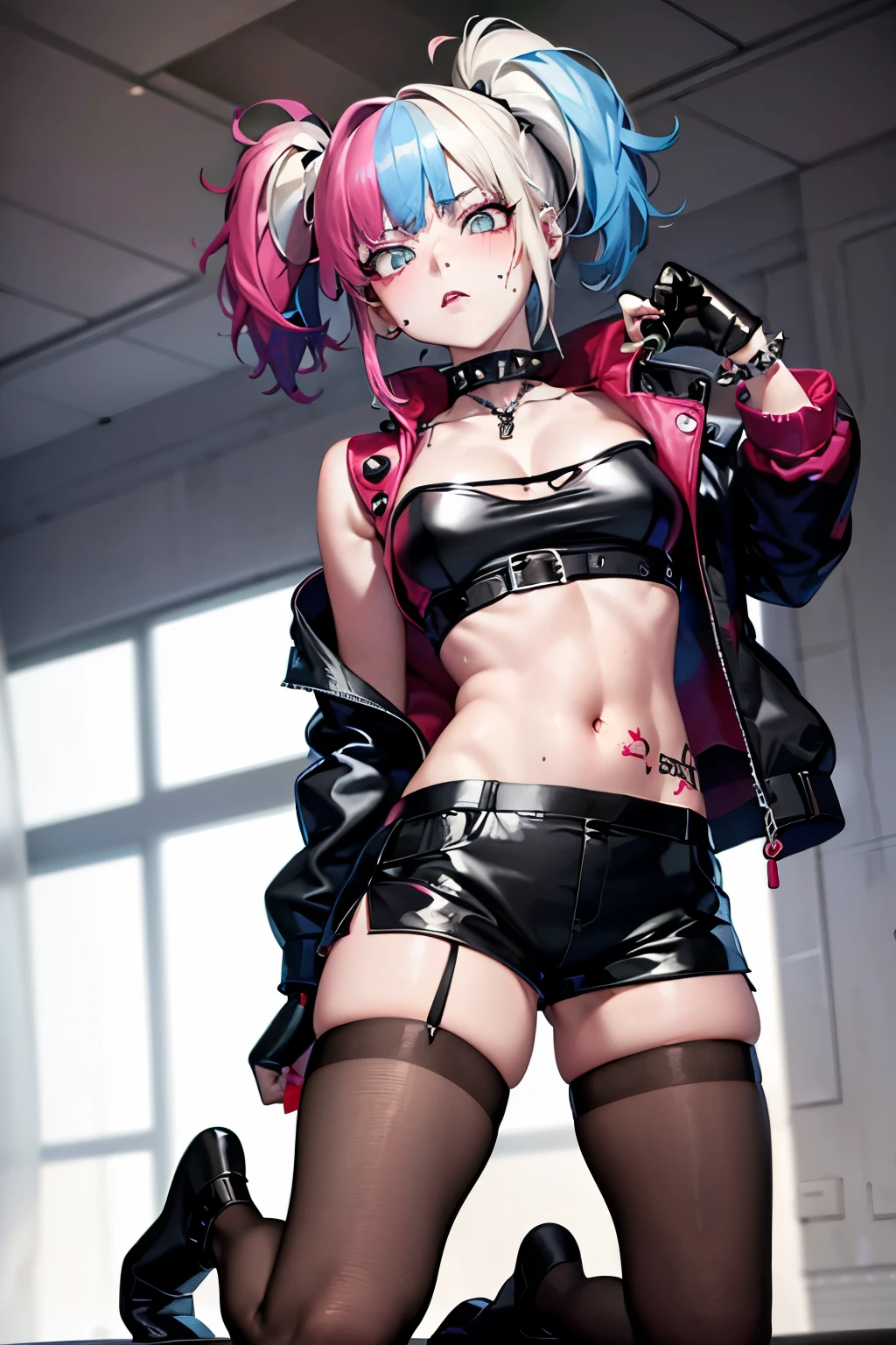 (Highest quality:1.1), (masterpiece:1.4), (Absurd:1.0), 
One Girl、thighhighs, gloves, navel, cleavage, jewelry, jacket, open clothes, shorts, black gloves, midriff, black thighhighs, fingerless gloves, collar, bracelet, open jacket, black jacket, crop top, torn clothes, short shorts, tattoo, chain, spikes, cropped jacket, spiked bracelet, spiked collar, micro shorts, multicolored jacket, Medium chest、Looking at the audience、Bedroom、(blush:1.2)、Embarrassed expression、((pantyhose))、sit、(Kneeling)、