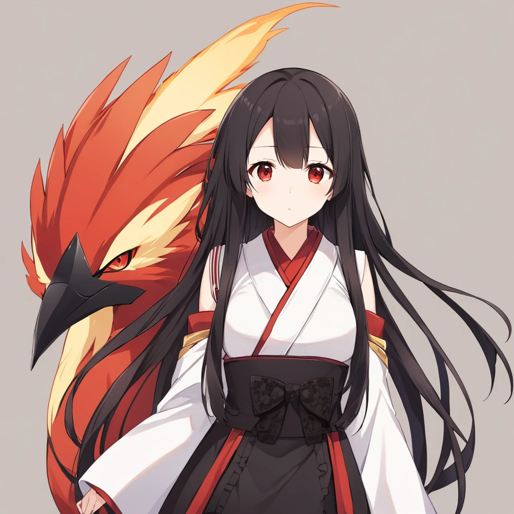 Fraction_9, Fraction_8_up, Fraction_7_Direction_6_Direction_5_Direction_4_up, src_Japanese cartoons, Simple background, 1 Girl, Solitary, Big phoenix \(Azur Lane\), Red Eyes, black hair, , Long hair, Black lace ribbon,Look at the camera