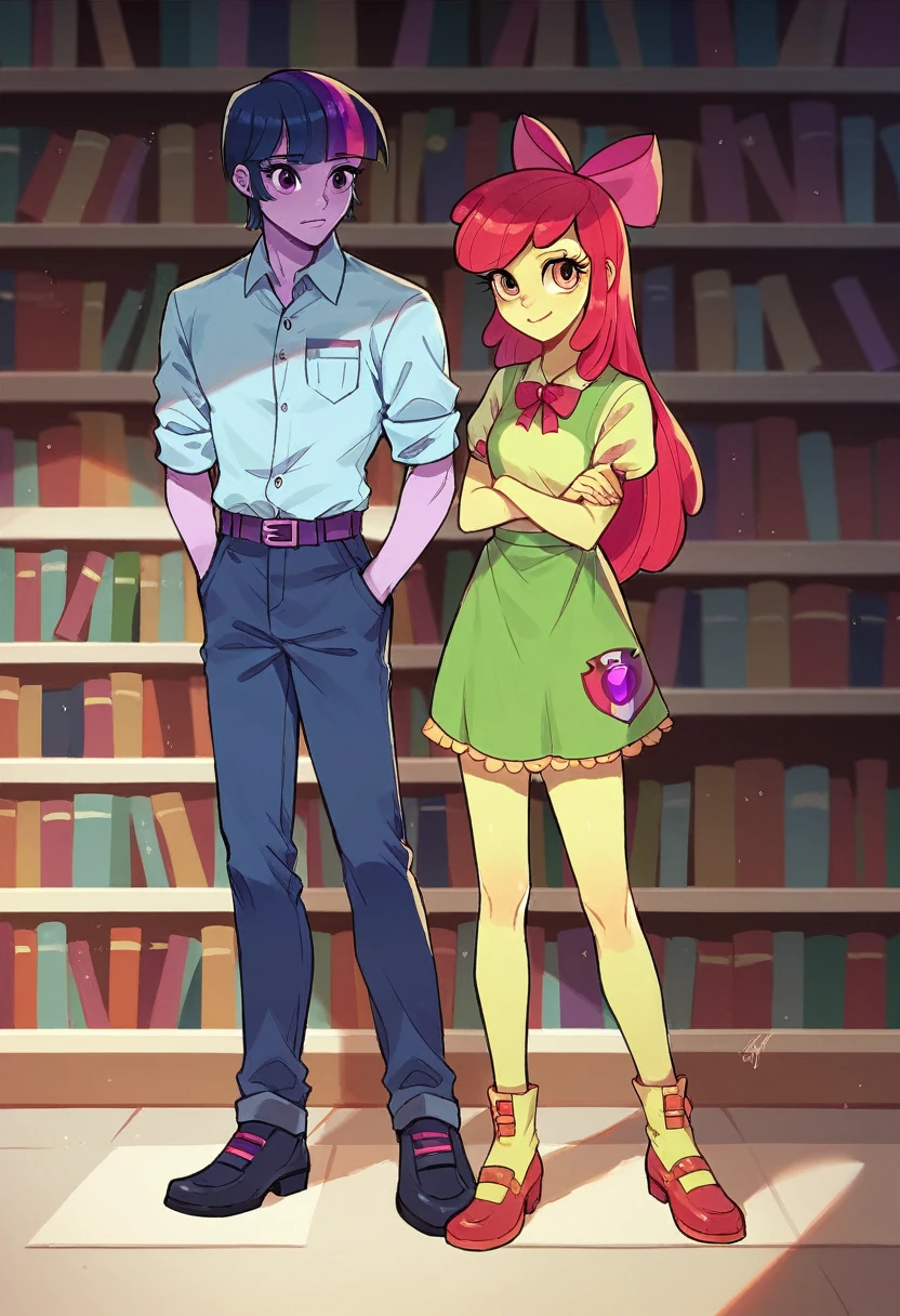 Apple Bloom, one girl, one girl only, wearing Twilight Sparkle's outfit, full body, Standing, Apple Bloom Equestria girls, in the Library, Apple Bloom, cuerpo completo, High resolusion. 