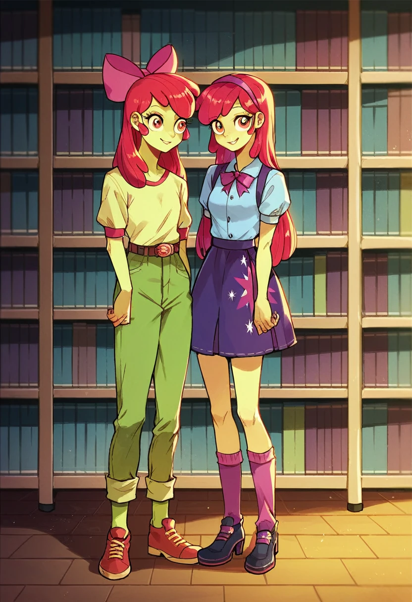 Apple Bloom, one girl, one girl only, wearing Twilight Sparkle's outfit, full body, Standing, Apple Bloom Equestria girls, in the Library, Apple Bloom, cuerpo completo, High resolusion. 