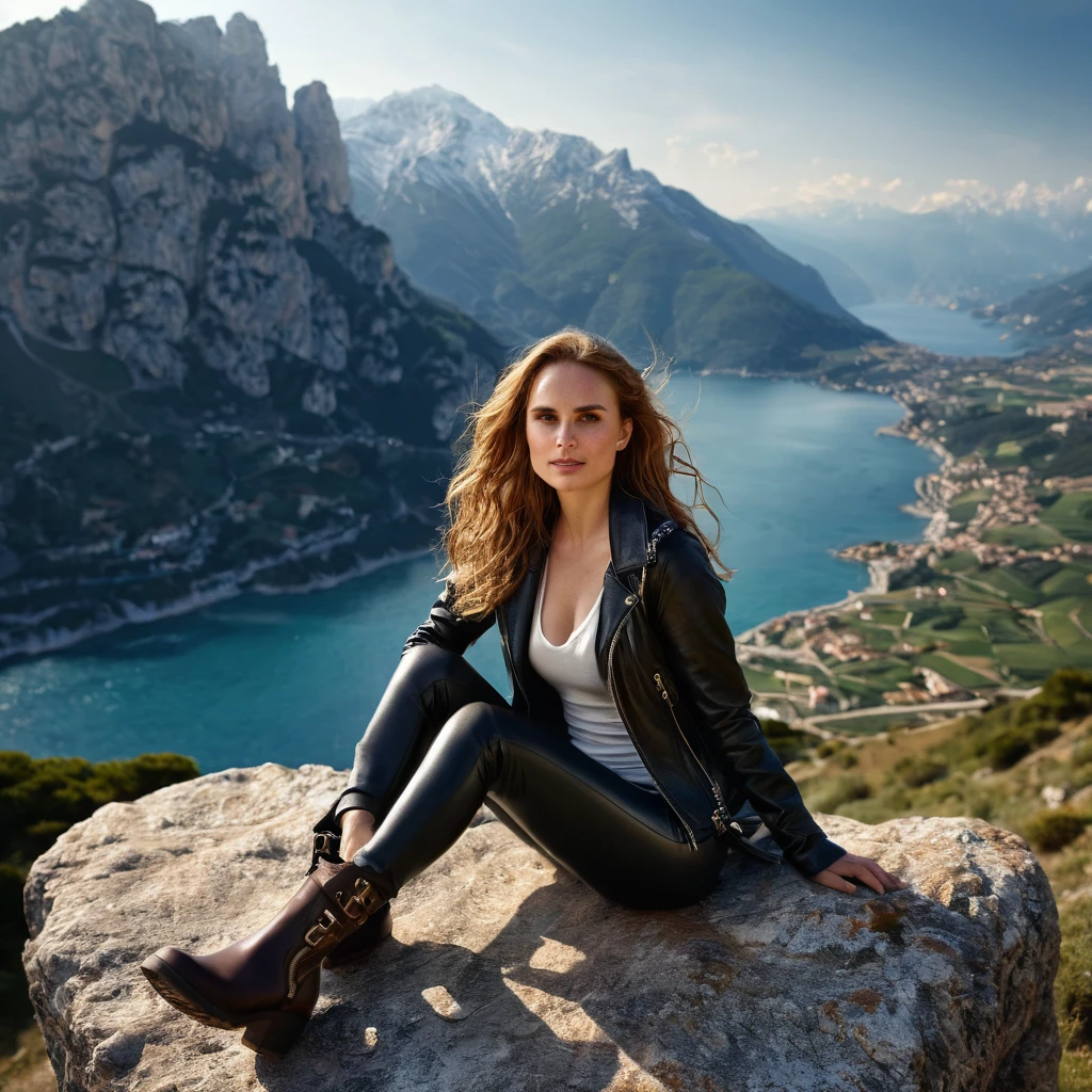 photography of mountains and sea in Italy, there is a Natalie Portman in right corner of the photography, sitting on a arock in winter sport jacket and leather leggings, boots, long ginger hair, day light, enjoying, girls, summer, hot girls, (((very heavy bust))), ginger hair, long_hair, symmetrical face, photorealistic, photography, gorgeous, cleavage, western, (masterpice), best quality, high resolution, spectacular lighting, extremely detailed, skin with pores, freckles, depth of field, C-cup breats, model body, cinematic lighting, smiling, direct look at camera, detailed environment, rock mountains in Italy, extremely detailed environment