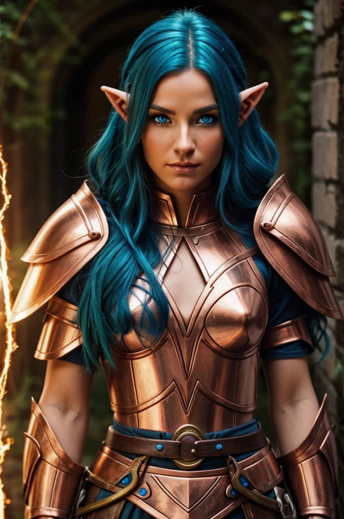 Copper-skinned elf druid,gold eyes and blue hair with light armor
