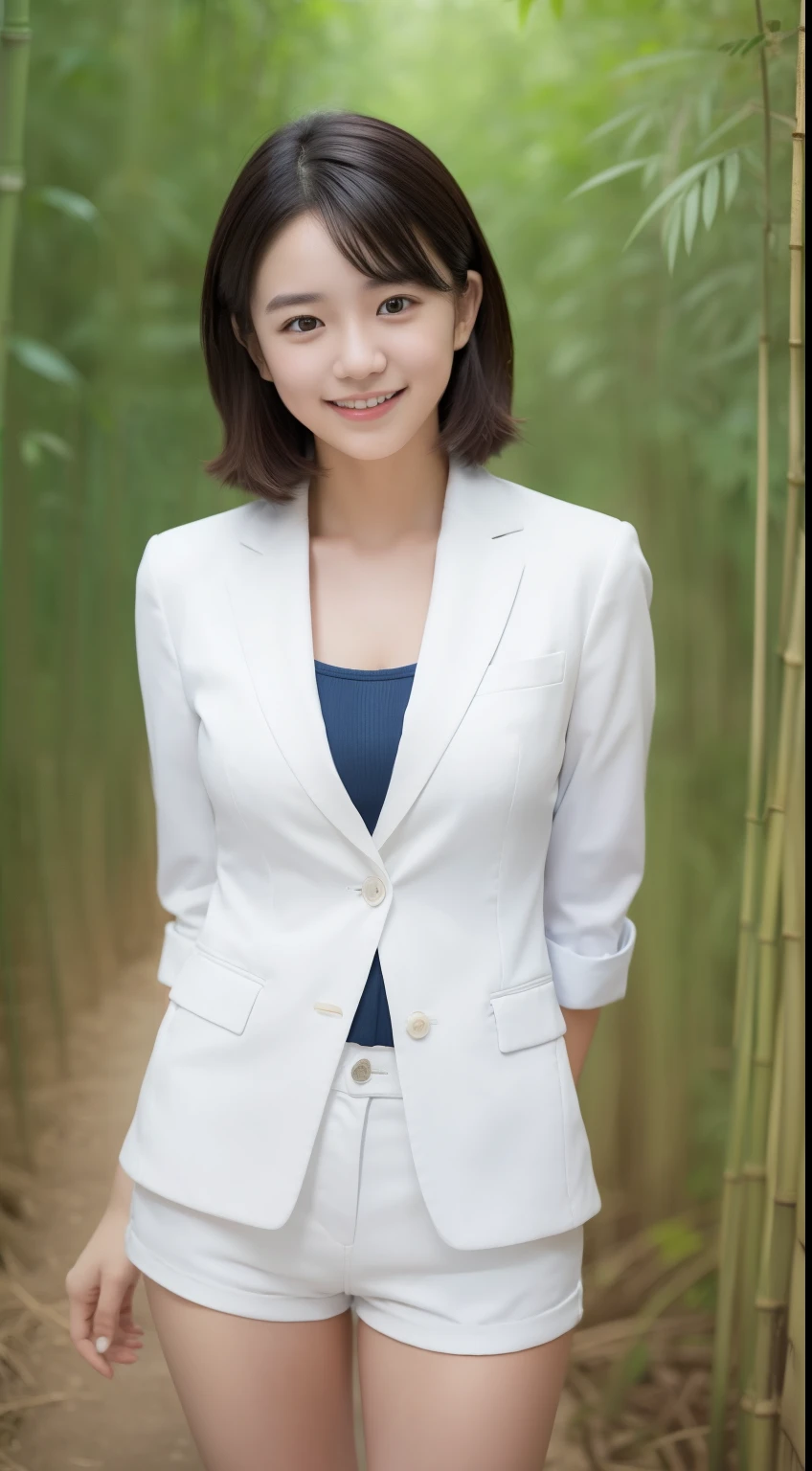 Smiling Girl，Wearing a white business suit，Super short blue denim shorts，Standing in a bamboo forest，Detailed facial features，The eyes are delicate，The photo quality is excellent，Realistic image quality，Diffuse Background Lighting，Depth of written boundary、Both hands behind the body、Thin thighs、