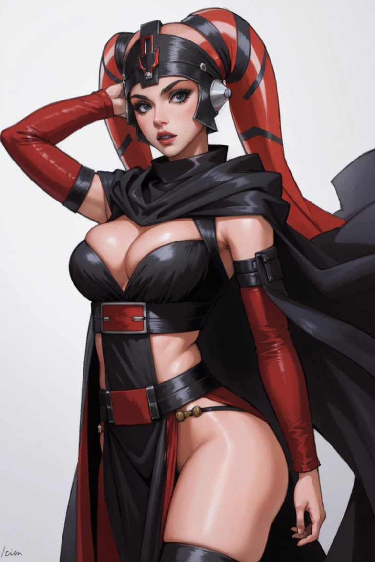 Brutal Red Skin Twi'lek with huge breasts wearing futuristic ((sleek (black) tunic)), robes, cowl, cape, huge breasts, slim hips, small waist, full-body shot, cleavage