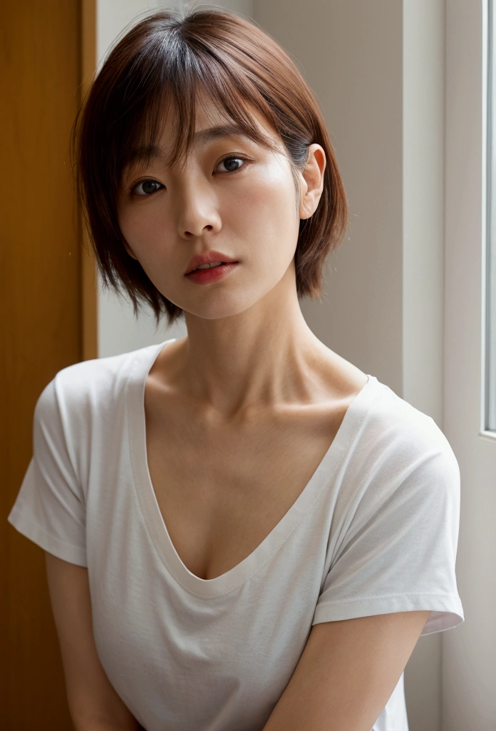 solo、45 years old、Japanese、Deep collar T-shirt、collarbone、