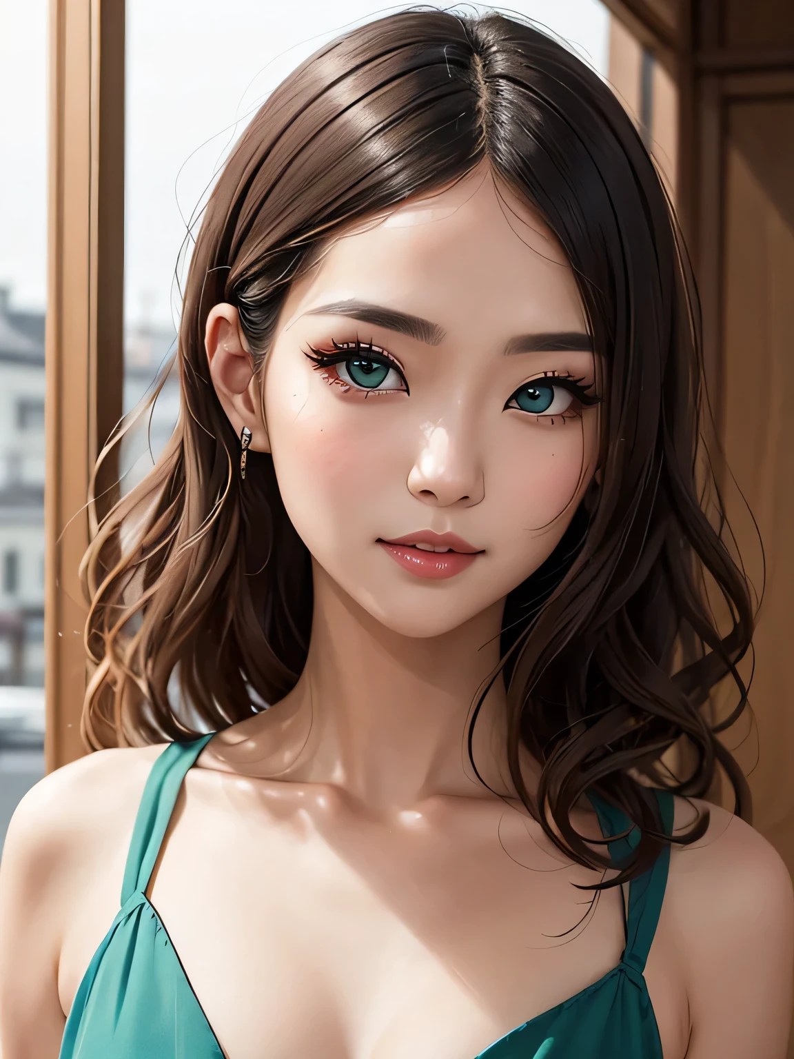 One girl, Professional photos, A Japanese woman, 28 years old、Beautiful Face, detailedな顔, detailedな目, Light brown hair, Long Hair, Curly Hair, Green Eyes, Eyes looked upwards, Sexy lips, Small Nose, nose pointed upwards, Perfect Eyes, スキンのdetailed, (Upper Body:1.5), eye make up,, (masterpiece, high quality, 最high quality:1.3), detailed