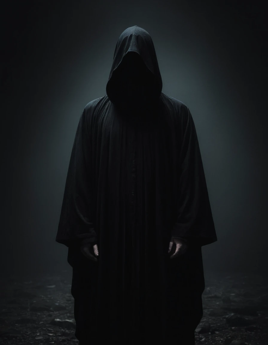 Man in black robe standing in darkness, album cover, Direction: Balázs Diószegi, tumblr, gothic horror art, veil, Moonless night, darkness, Dark and soft colors, caretaker, with no face, darkness background