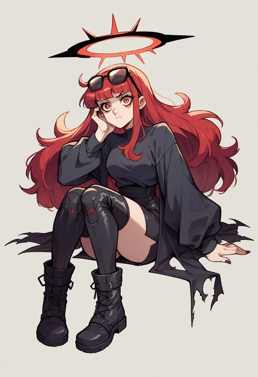 アニメ, best qualityer, Caucasian female, long red hair, Red eye , black long sleeve shirt , very short black skirt , black long boots, black halo, black cyberpunk glasses on head, black devil syrup , black ax