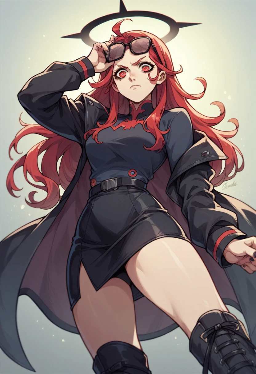 アニメ, best qualityer, Caucasian female, long red hair, Red eye , black long sleeve shirt , very short black skirt , black long boots, black halo, black cyberpunk glasses on head, black devil syrup , black ax 