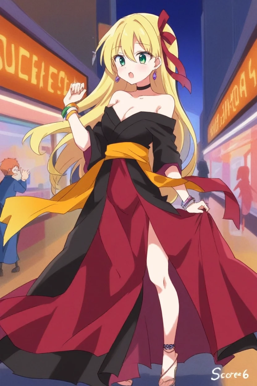 score_9, score_8_superior, score_7_superior, score_6_superior, sauce_anime, Break 1 Girl,  black, Hair Ribbon, bracelet, choker, Earrings, Long dress, sash, I&#39;m watching you, Medium chest, village, wood, blue sky, Happy, Put your hand on your chest, superiorper body