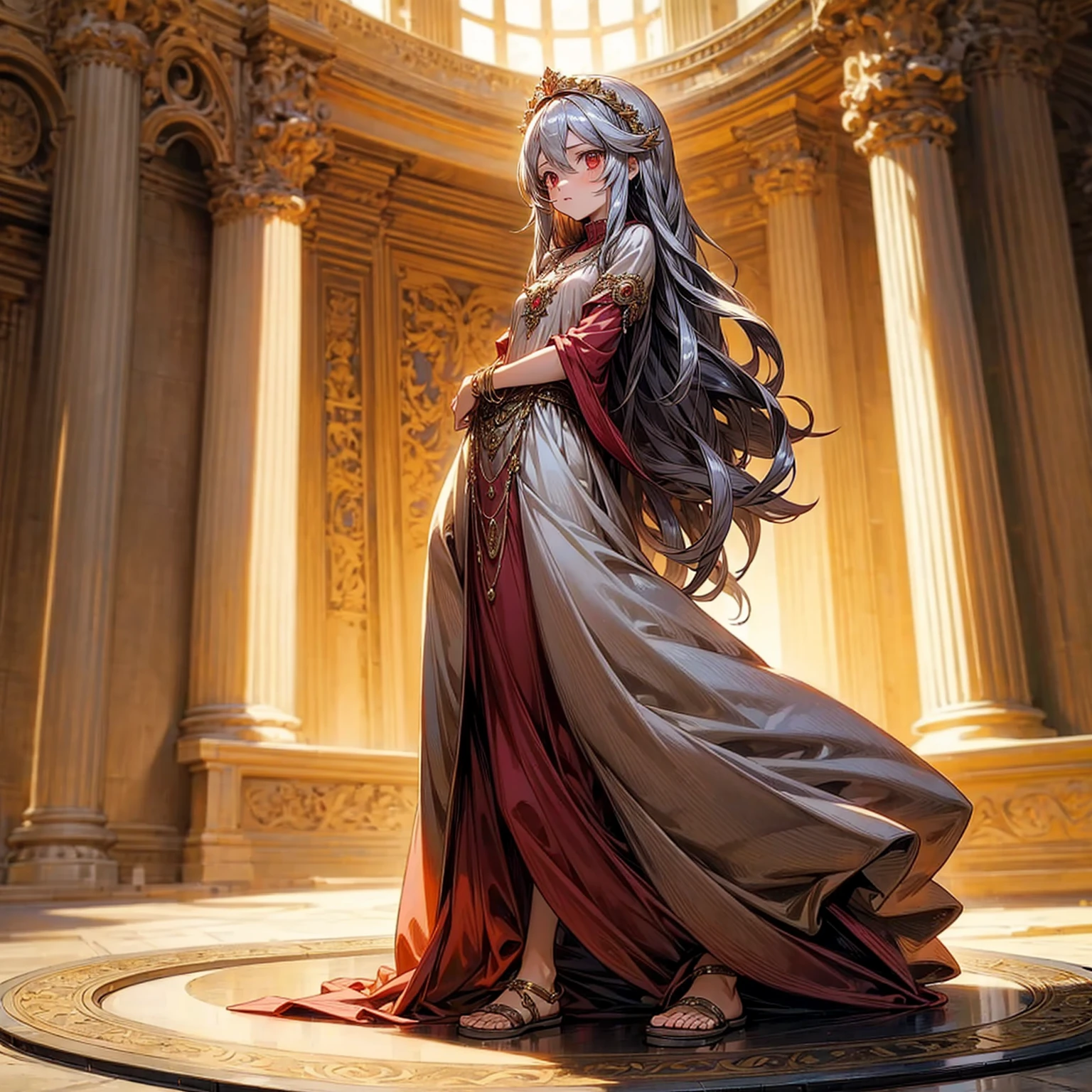 1childern girl, Full body version, 1character, red eyes, long haircut, silver colour hair, Ancient Roman clothing, long dress clothing, Bracelets, necklaces, Golg sandals , Grassroots, background indoor Castleford, motion blur, lighting, (one piece art)