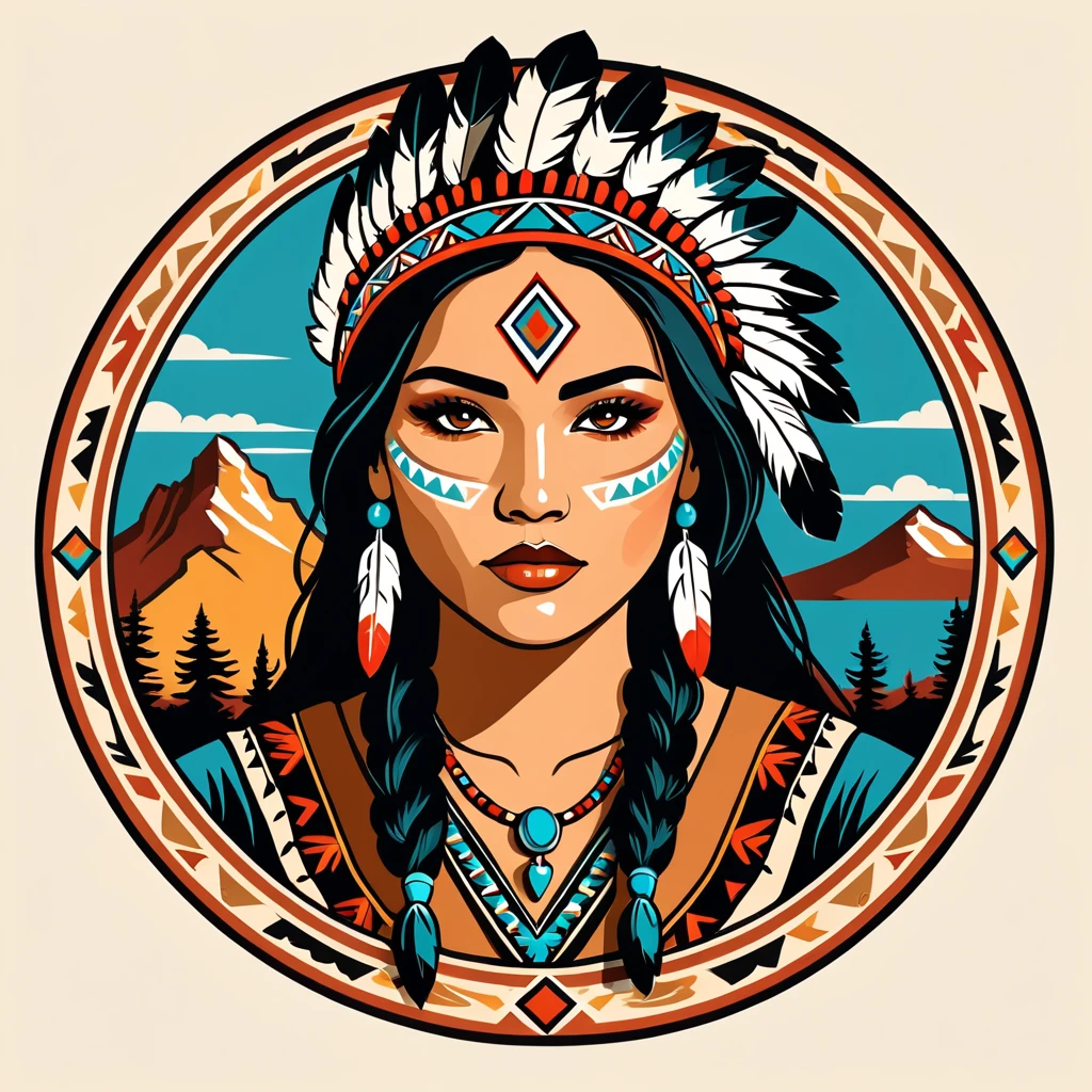 female	thief	in native american folk outfit	,vector graphics, strong contours, logo design																						