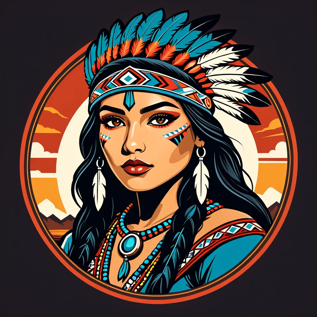 female thief in native american folk outfit ,vector graphics, strong contours, logo design
