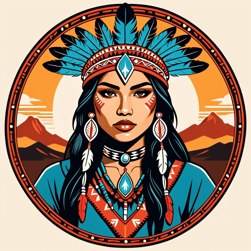 female	thief	in native american folk outfit	,vector graphics, strong contours, logo design																						