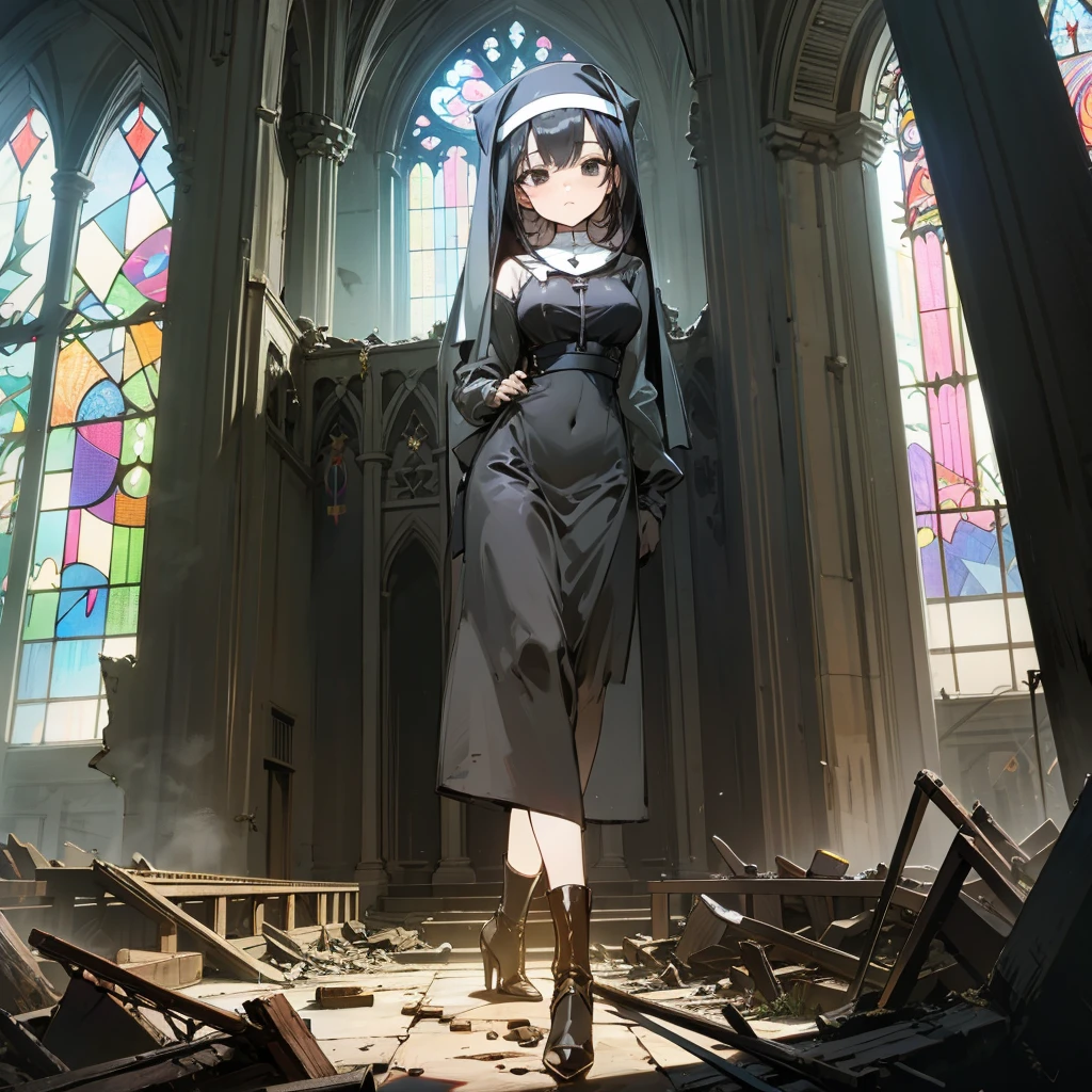 (solo), 1 skinny nun, sheer black nun's robe, large breasts, stiletto heels, BREAK, black short hair, long sidelocks, black eyes, BREAK, short torso, skinny waist, skinny long legs, BREAK, old rotten church, devastated ruin, stained glass