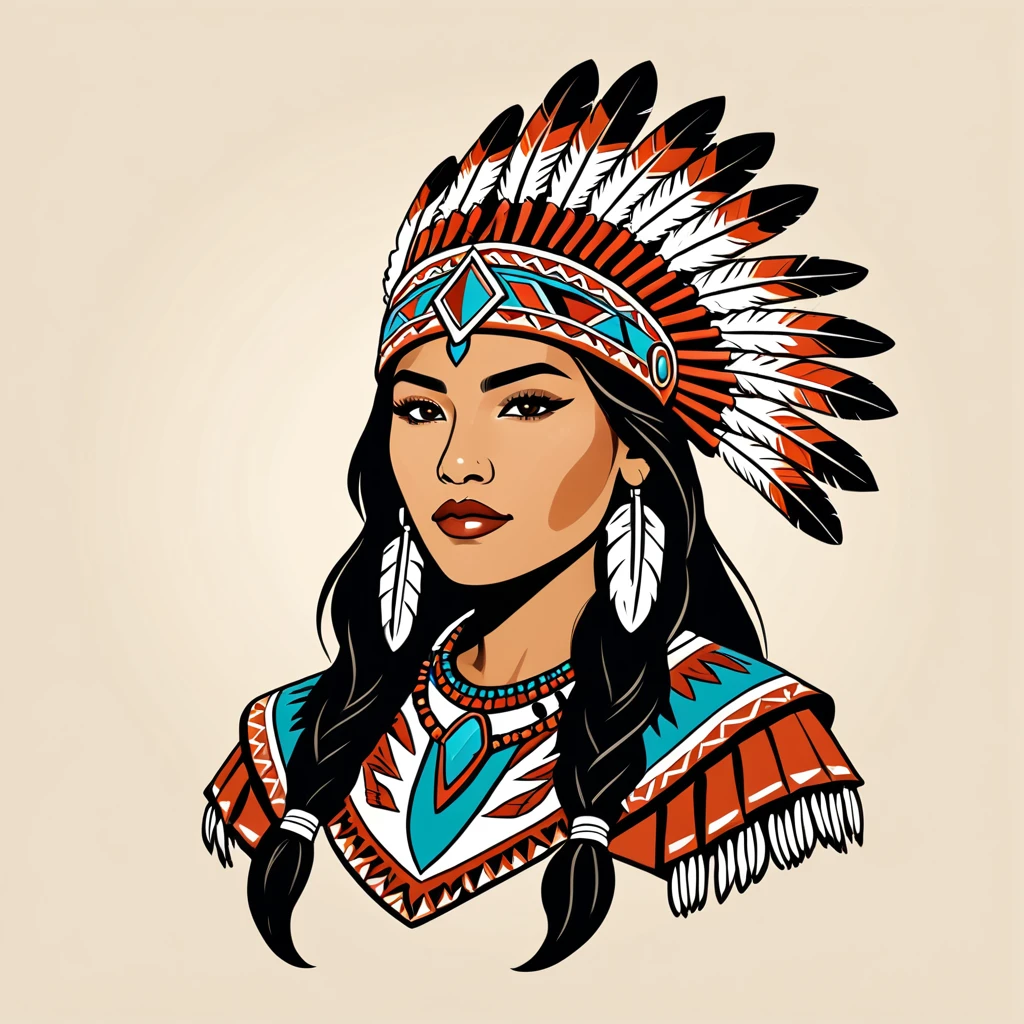 female	warden	in native american folk outfit	,vector graphics, strong contours, logo design																						