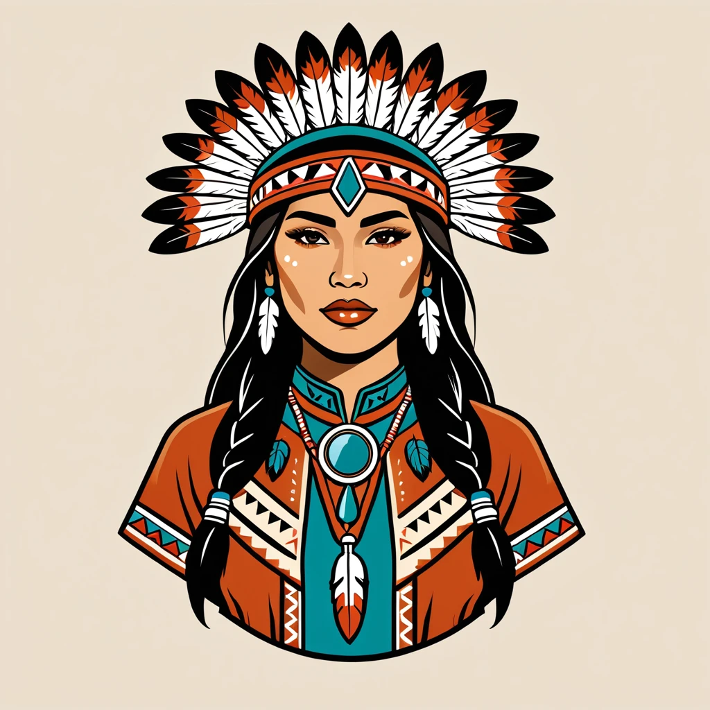 female	warden	in native american folk outfit	,vector graphics, strong contours, logo design																						