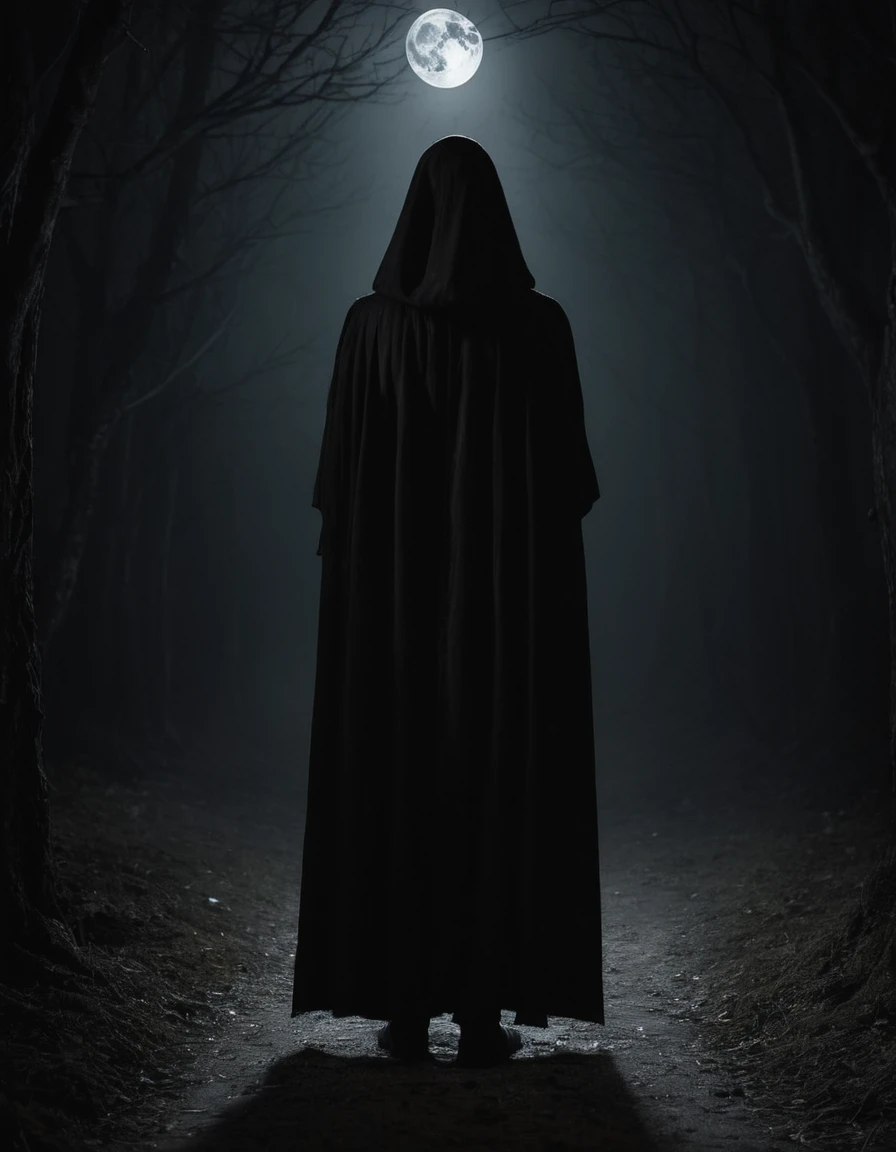 Man in black robe standing in darkness, album cover, Direction: Balázs Diószegi, tumblr, gothic horror art, veil, Moonless night, darkness, Dark and soft colors, caretaker, with no face, darkness background