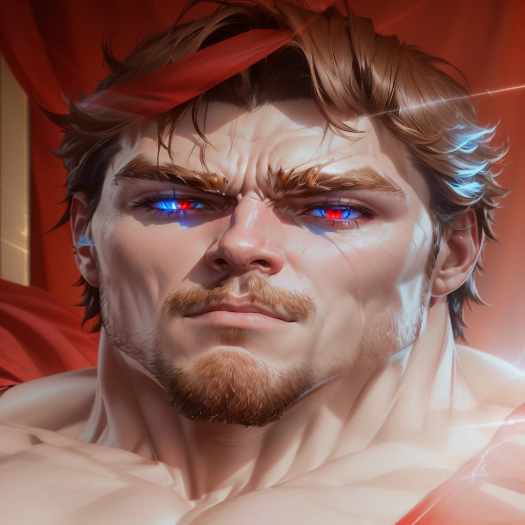 a highly detailed 3D render portrait of a powerful male superhero, detailed muscular physique, chiseled facial features, intense gaze, heroic pose, red and blue costume with cape, glowing energy effects, dramatic lighting, cinematic composition, hyper-realistic, 8k, unreal engine, award winning cgi