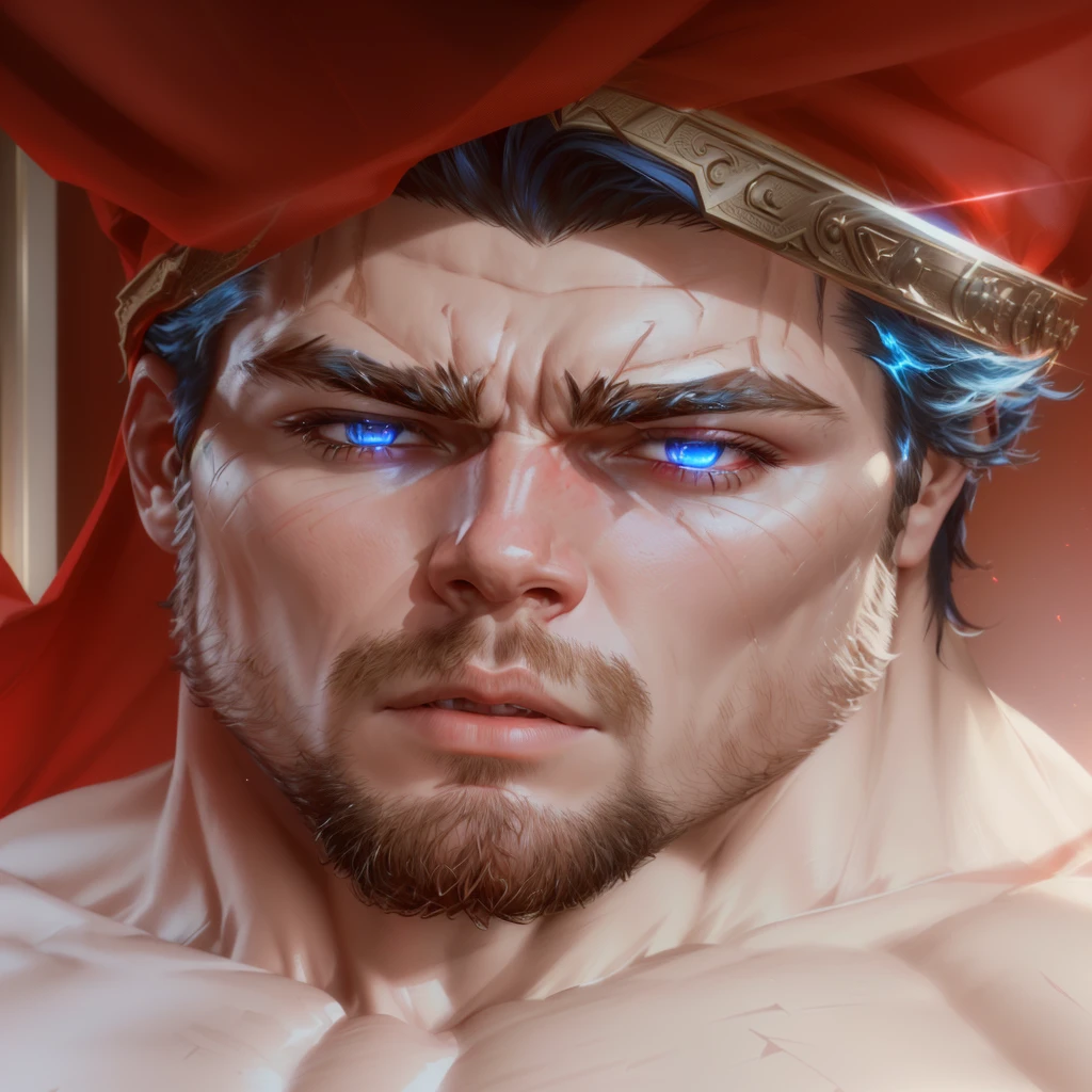 a highly detailed 3D render portrait of a powerful male superhero, detailed muscular physique, chiseled facial features, intense gaze, heroic pose, red and blue costume with cape, glowing energy effects, dramatic lighting, cinematic composition, hyper-realistic, 8k, unreal engine, award winning cgi