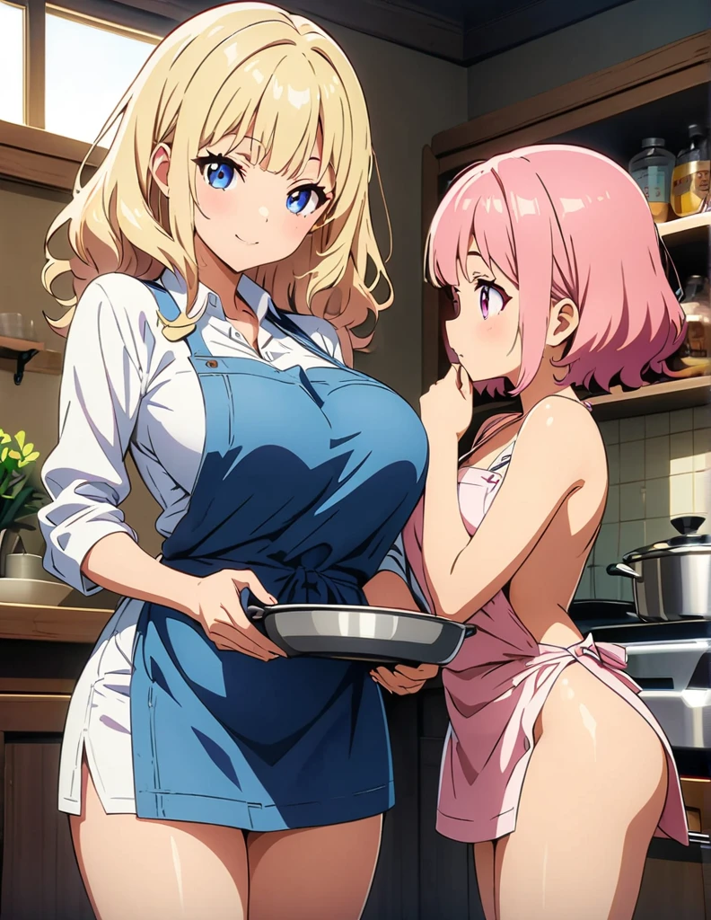 (anime artwork, anime style, studio anime, very detailed, up to date, vibrant, Anime Coloring, high contrast, masterpiece:1.2, best quality, best aesthetics),2 girl, Medium chest, A glimpse of thighs,random hair, One eye is hidden by the bangs, perfect proportions, high detail skin, Cute, detailed faces,kitchen, precise fingers,curvy, large breasts,cooking,apron on naked body,