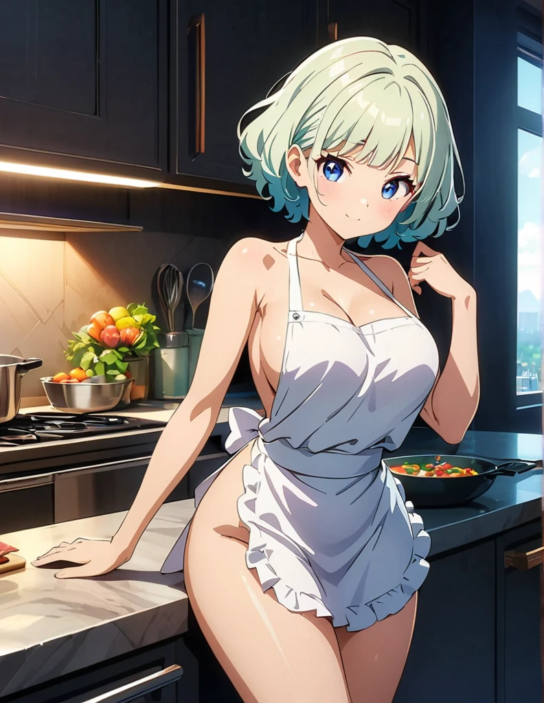 (anime artwork, anime style, studio anime, very detailed, up to date, vibrant, Anime Coloring, high contrast, masterpiece:1.2, best quality, best aesthetics),2 girl, Medium chest, A glimpse of thighs,random hair, One eye is hidden by the bangs, perfect proportions, high detail skin, Cute, detailed faces,kitchen, precise fingers,curvy, large breasts,cooking,apron on naked body,