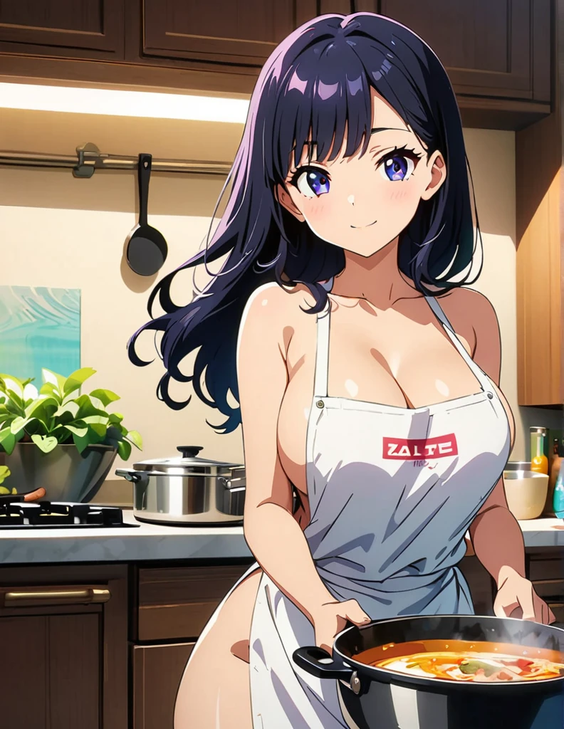 (anime artwork, anime style, studio anime, very detailed, up to date, vibrant, Anime Coloring, high contrast, masterpiece:1.2, best quality, best aesthetics),2 girl, Medium chest, A glimpse of thighs,random hair, One eye is hidden by the bangs, perfect proportions, high detail skin, Cute, detailed faces,kitchen, precise fingers,curvy, large breasts,cooking,apron on naked body,