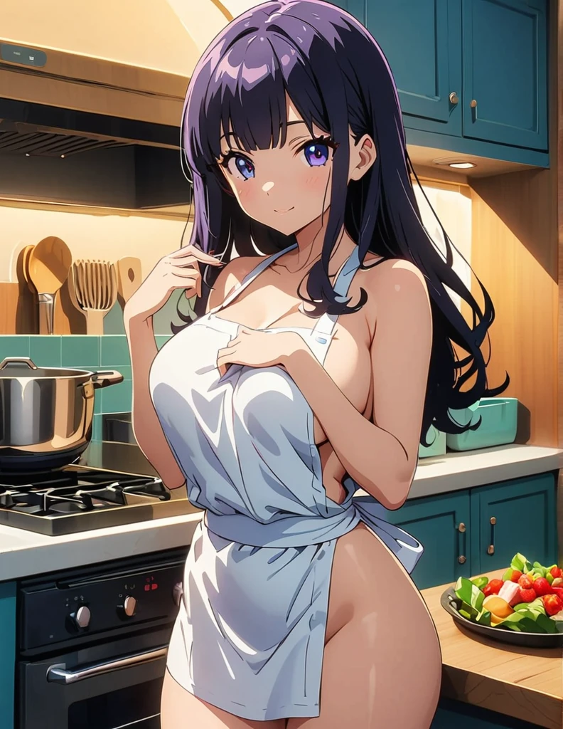 (anime artwork, anime style, studio anime, very detailed, up to date, vibrant, Anime Coloring, high contrast, masterpiece:1.2, best quality, best aesthetics),2 girl, Medium chest, A glimpse of thighs,random hair, One eye is hidden by the bangs, perfect proportions, high detail skin, Cute, detailed faces,kitchen, precise fingers,curvy, large breasts,cooking,apron on naked body,