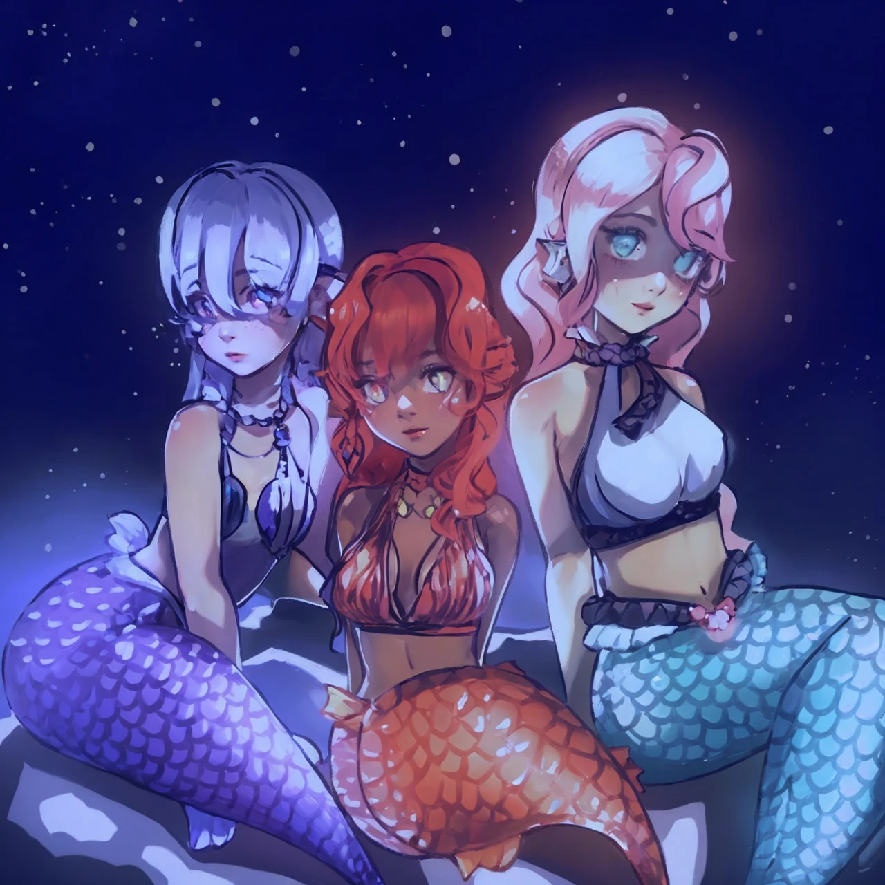 Make it more detailed and improve the lighting, the drawing shows three mermaids with distinct features, one silver and purple, one black with orange and red colors and the other pink and aqua blue. 