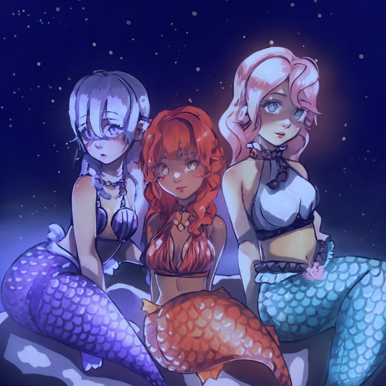 Make it more detailed and improve the lighting, the drawing shows three mermaids with distinct features, one silver and purple, one black with orange and red colors and the other pink and aqua blue. 