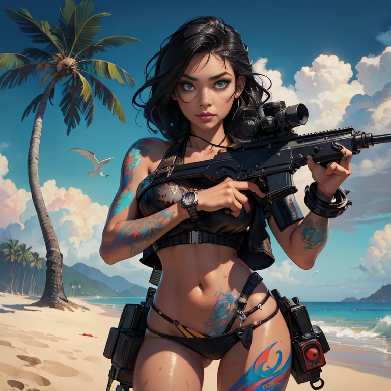 captivating image of a stunning edgy looking female with machine gun, beautiful eyes, tropical beach, wet bikini, hot sun, moody, grainy, noisy, concept art, by Alberto Seveso, Cyril Rolando, Dan Mumford, Meaningful Visual Art, Detailed Painting, Digital Illustration, Unreal Engine 5, 32k maximalist, hyperdetailed fantasy art, 3d digital art, sharp focus, masterpiece, fine art