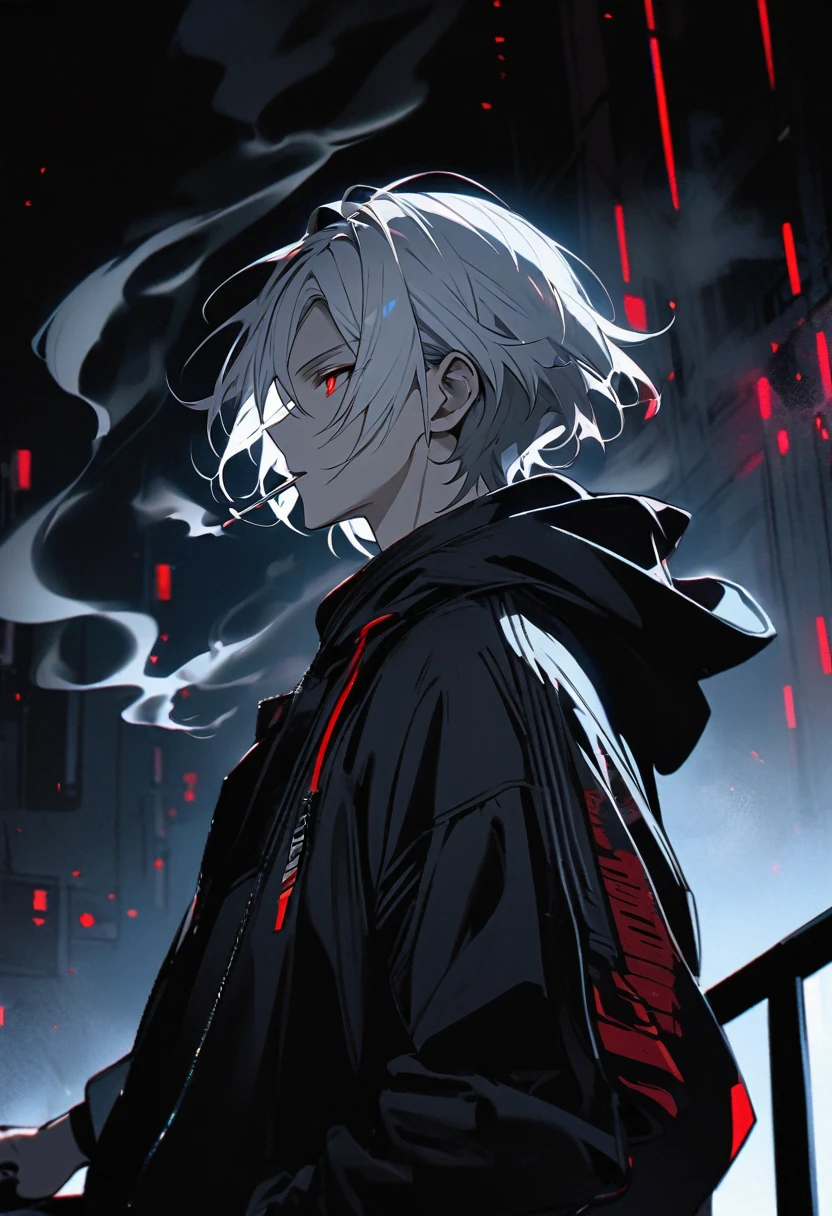 good looking, alone, 1 male, White hair with smoky grey tips, Red eyes, Black Shirt, Black and white hooded, smoking, night, Black light