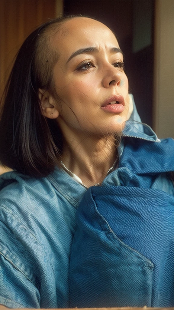 A young, stunningly beautiful woman of Indonesian descent from the Ngawi region, her face displaying deep disappointment, with a pouty expression and teary eyes. She is wearing full makeup and a lovely pastel-colored hijab. The woman is embracing an elderly, thin man in his 80s, with real, deep wrinkles, bald in the front, wearing a t-shirt and blue jeans in an 80s style. The man gazes lovingly at the woman, his hand gently placed on her neck. The background features large windows and wooden panels, creating a warm and intimate atmosphere. The image is realistic, high resolution, a masterpiece, with perfect volumetric cinematic lighting and vibrant colors.
