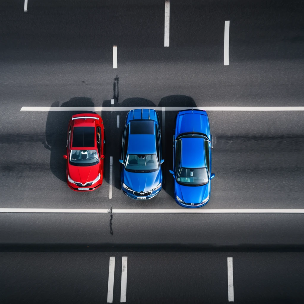 an older red Skoda car overtakes a modern blue Japanese sedan car on the highway at high speed, top view, high quality detailed photo
