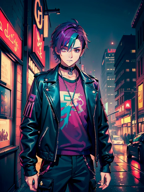 (masterpiece:1.4), 1boy, Streetwear, leather jacket, cargo pants, street, (masterpiece, best quality, highres, ultra detailed ), night, depth of field, absurdres, (masterpiece:1.4), ultra-detailed, 1boy, stand up, magenta and teal, long purple wildly hair with teal streaks, mage, surrounded by neon and colored sparks