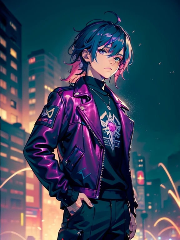 (masterpiece:1.4), 1boy, Streetwear, leather jacket, cargo pants, street, (masterpiece, best quality, highres, ultra detailed ), night, depth of field, absurdres, (masterpiece:1.4), ultra-detailed, 1boy, stand up, magenta and teal, long purple wildly hair with teal streaks, mage, surrounded by neon and colored sparks