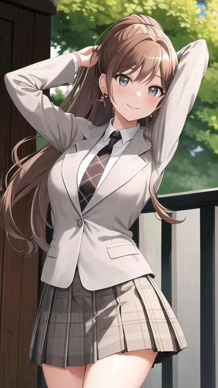 masterpiece, best quality, highres, aalisa, long hair, ponytail, grey eyes, earrings, , striped necktie, brown necktie, collared shirt, grey jacket, blazer, long sleeves, plaid skirt, pleated skirt, brown skirt, outdoors, standing, outdoors, smile, arms at sides,