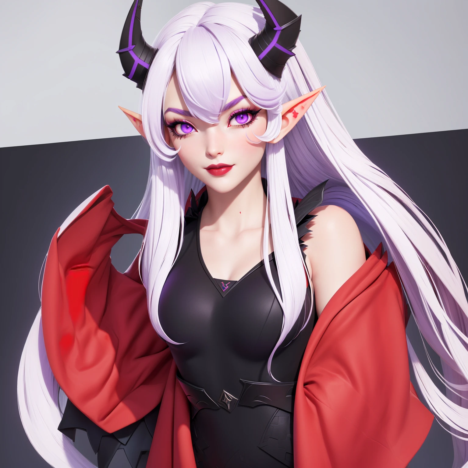 4K quality:1.2,Super belle illustration:1.2,demoness,Cornes Noir et Rouge sur la tête,blanche,Coiffures longues,two quilts,purple eyes,elf ears,sweet rouge, t-shirt noir,null