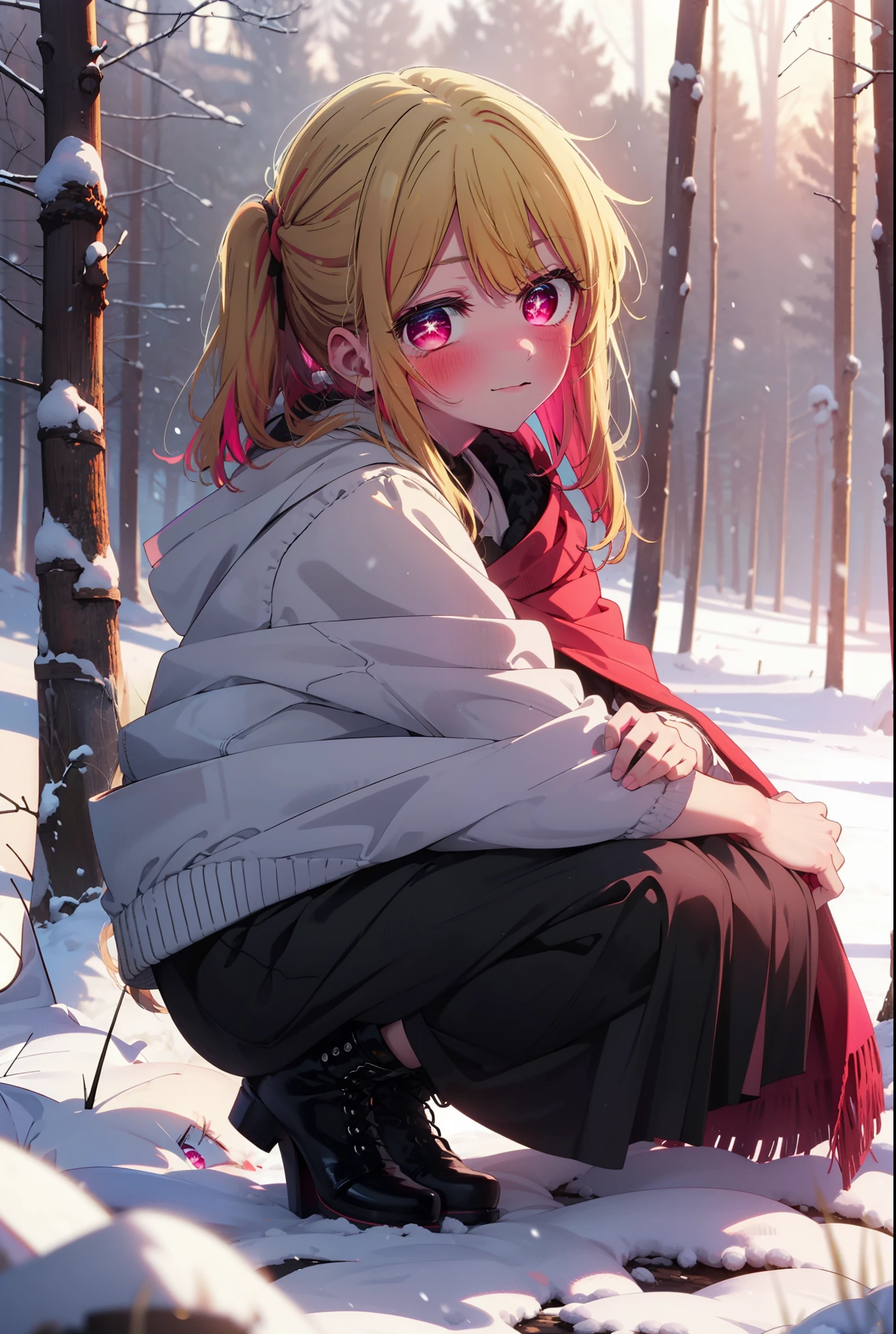 rubyhoshino, Hoshino Ruby, Long Hair, bangs, blonde, (Pink Eyes:1.3), Side Lock, (Symbol-shaped pupil:1.5), Multicolored Hair, Two-tone hair, smile,,smile,blush,white breath,
Open your mouth,snow,Ground bonfire, Outdoor, boots, snowing, From the side, wood, suitcase, Cape, Blurred, , forest, White handbag, nature, Squat, Mouth closed, Cape, winter, Written boundary depth, Black shoes, red Cape break looking at viewer, Upper Body, whole body, break Outdoor, forest, nature, break (masterpiece:1.2), Highest quality, High resolution, unity 8k wallpaper, (shape:0.8), (Beautiful and beautiful eyes:1.6), Highly detailed face, Perfect lighting, Highly detailed CG, (Perfect hands, Perfect Anatomy),