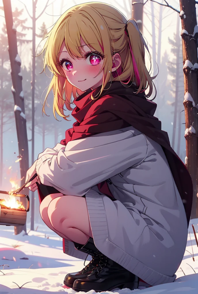 rubyhoshino, Hoshino Ruby, Long Hair, bangs, blonde, (Pink Eyes:1.3), Side Lock, (Symbol-shaped pupil:1.5), Multicolored Hair, Two-tone hair, smile,,smile,blush,white breath,
Open your mouth,snow,Ground bonfire, Outdoor, boots, snowing, From the side, wood, suitcase, Cape, Blurred, , forest, White handbag, nature,  Squat, Mouth closed, Cape, winter, Written boundary depth, Black shoes, red Cape break looking at viewer, Upper Body, whole body, break Outdoor, forest, nature, break (masterpiece:1.2), Highest quality, High resolution, unity 8k wallpaper, (shape:0.8), (Beautiful and beautiful eyes:1.6), Highly detailed face, Perfect lighting, Highly detailed CG, (Perfect hands, Perfect ???????),