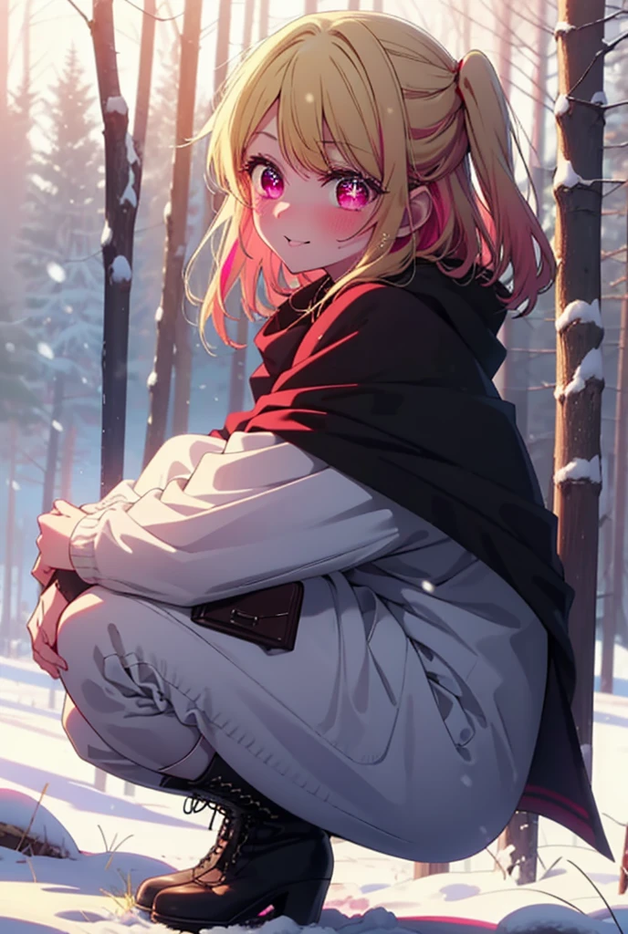 rubyhoshino, Hoshino Ruby, Long Hair, bangs, blonde, (Pink Eyes:1.3), Side Lock, (Symbol-shaped pupil:1.5), Multicolored Hair, Two-tone hair, smile,,smile,blush,white breath,
Open your mouth,snow,Ground bonfire, Outdoor, boots, snowing, From the side, wood, suitcase, Cape, Blurred, , forest, White handbag, nature, Squat, Mouth closed, Cape, winter, Written boundary depth, Black shoes, red Cape break looking at viewer, Upper Body, whole body, break Outdoor, forest, nature, break (masterpiece:1.2), Highest quality, High resolution, unity 8k wallpaper, (shape:0.8), (Beautiful and beautiful eyes:1.6), Highly detailed face, Perfect lighting, Highly detailed CG, (Perfect hands, Perfect Anatomy),